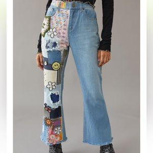 BDG VINTAGE INSPIRED HIGH RISE JEANS PATCHWORK FLARE JEAN WITH CROCHET DETAILS